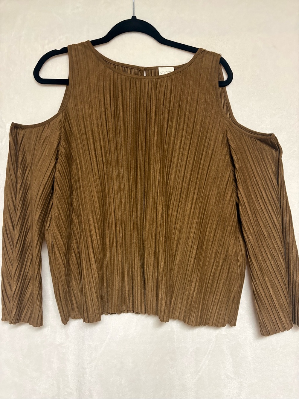Chico's Cold-Shoulder Pleated Top in Camel Brown
